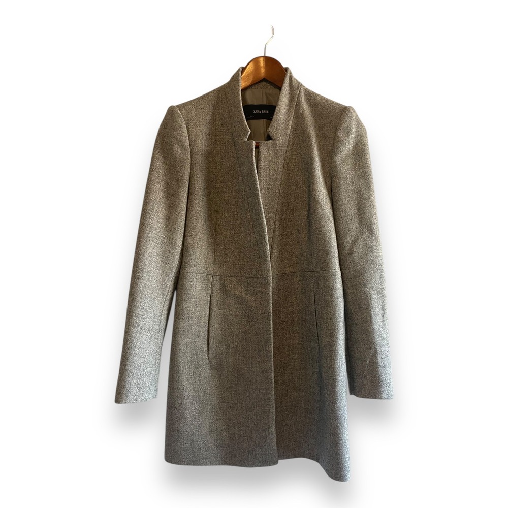 Zara Basic Grey Shetland Wool Blend Stand Collar Coat Women's Size Small